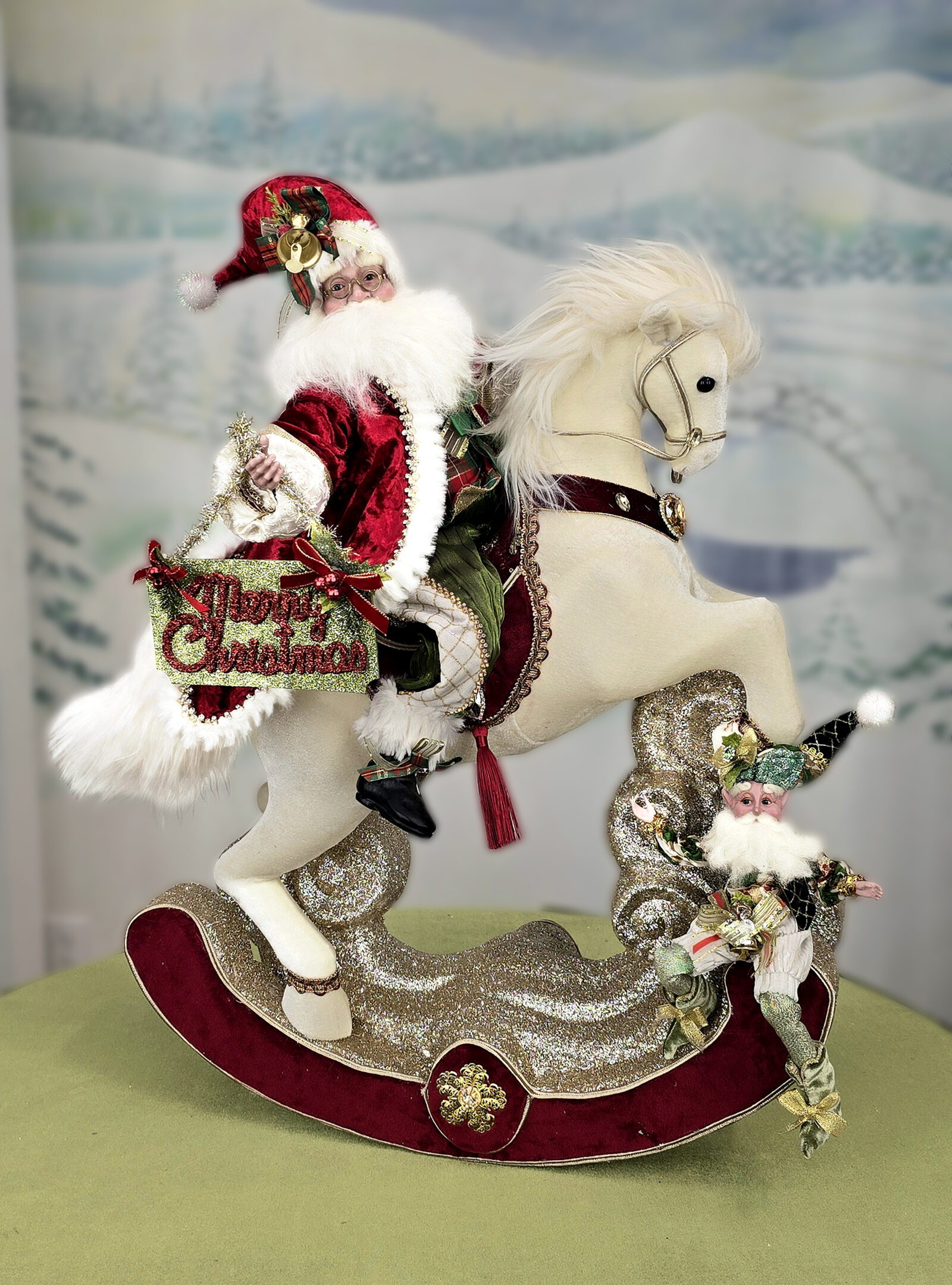 Merry Christmas Santa with Rocking Horse & Elf - 28 Inches