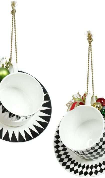 Cup and Saucer with Deco Ornament, Set of 2 - 6 Inches